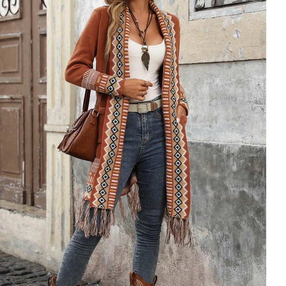 Cozy Geo Print Open Front Tassel hem Loose Fit Cardigan - Picture 7 of 7